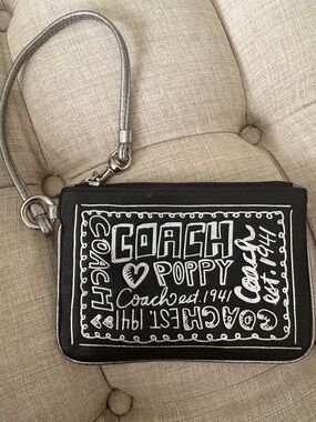 Coach Black Poppy Canvas Wristlet with Silver Strap